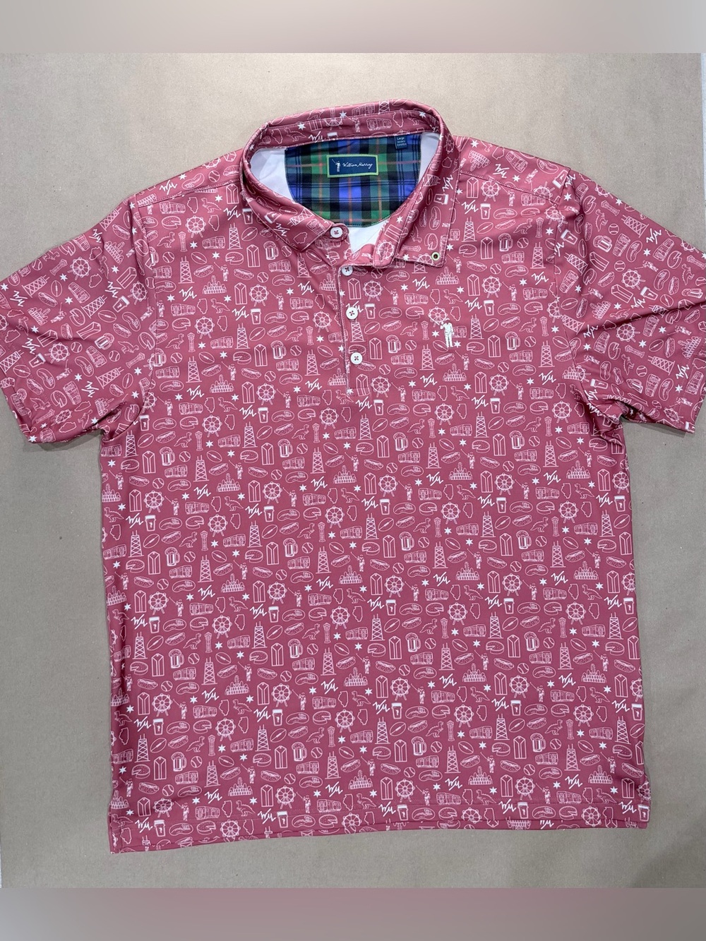 William Murray Chicago Polo – Men’s L Maroon Landmark Print / Plaid Collar